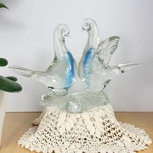 Vintage Venetian Murano Art Glass Blue Dove Love Birds On A Clear Branch  6.5”